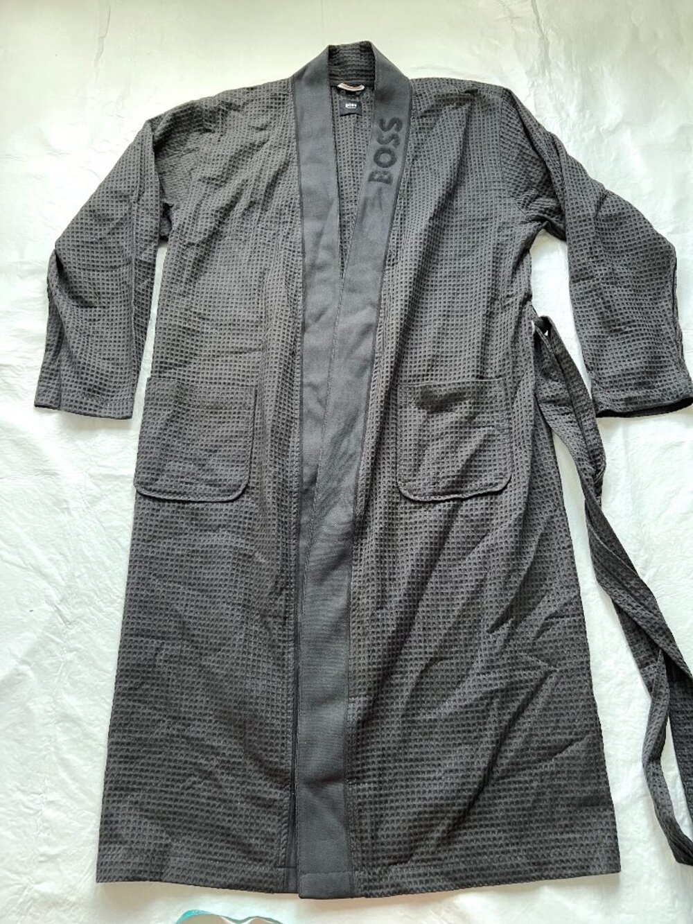 Hugo Boss waffle knit kimono robe dark gray Mens XL tie belt open extra large